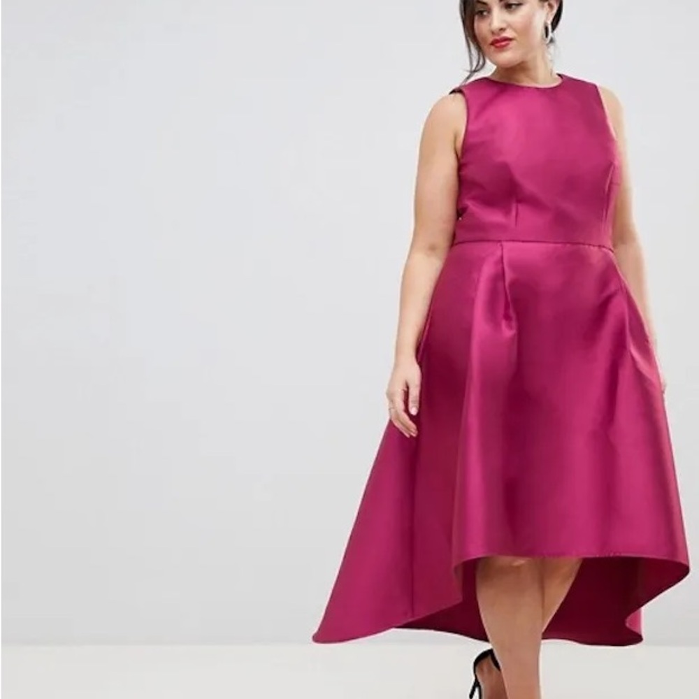 Chi Chi London Fuchsia Satin High-Low Fit & Flare Midi Dress UK 18 / US 14